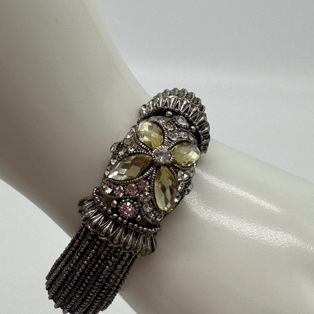 Vintage Style Silver Mesh Hinged Bangle Bracelet Rhinestone Yellow Crystal Cuff